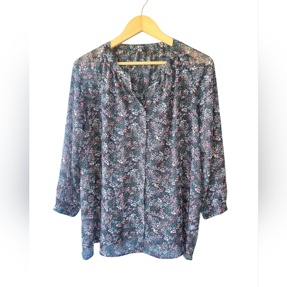 Uniqlo Sheer Floral Blouse Tunic Long Sleeve Top Size Large